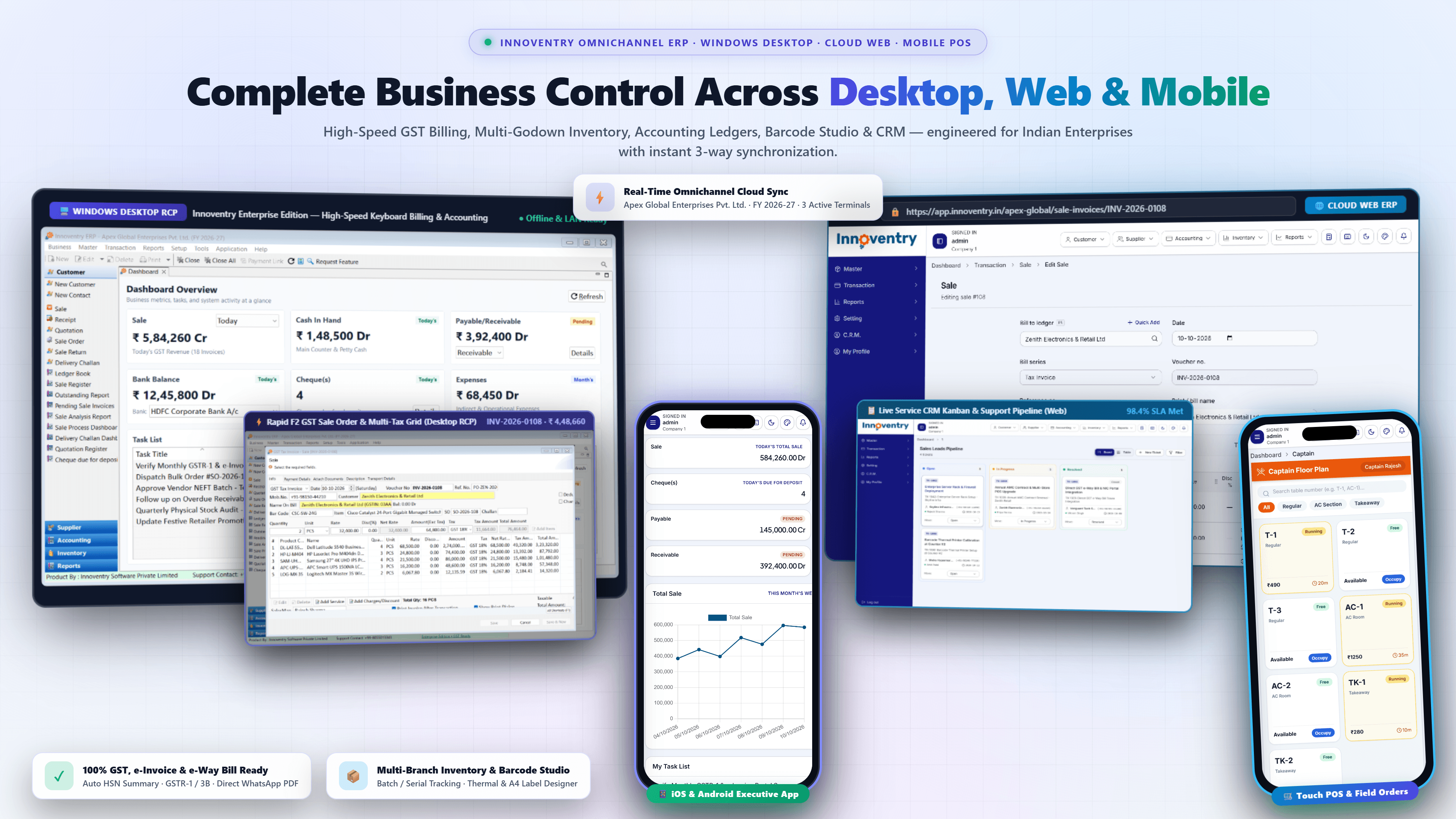 Innoventry omnichannel ERP across Windows Desktop RCP, Cloud Web ERP, and Android mobile app