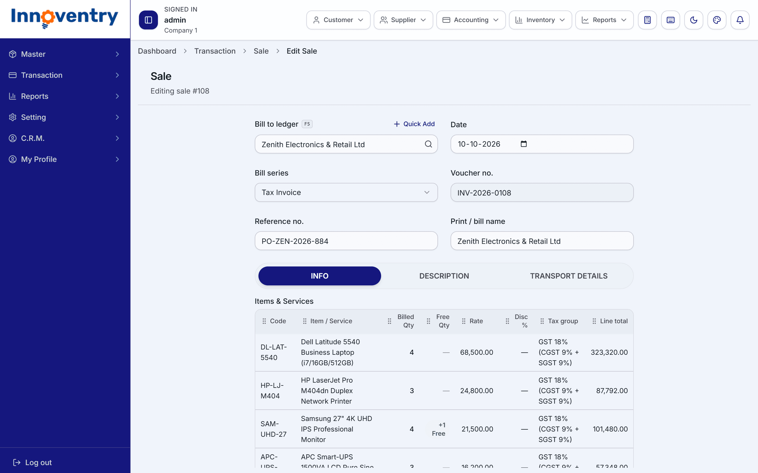 Innoventry GST Tax Invoice showing multi-item billing, HSN codes, CGST/SGST split, and e-way bill transport details