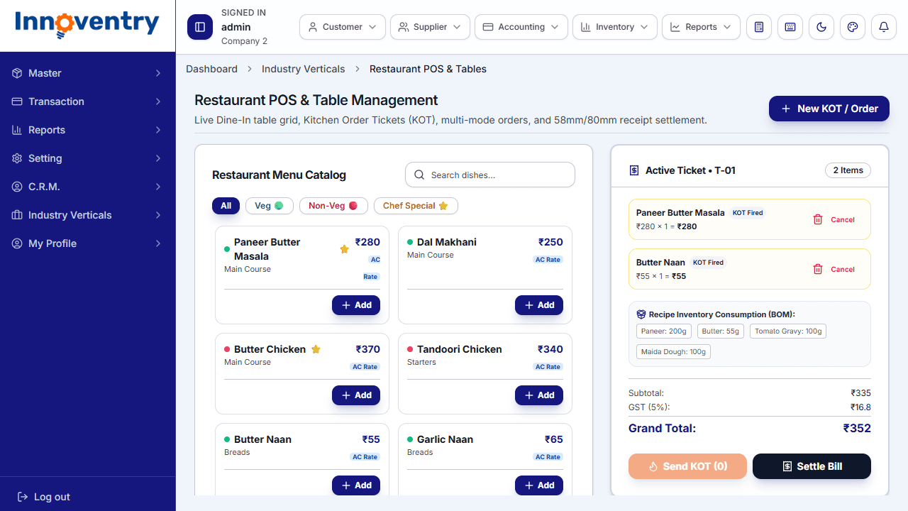 Innoventry Restaurant POS interactive table floor layout and real-time order billing counter