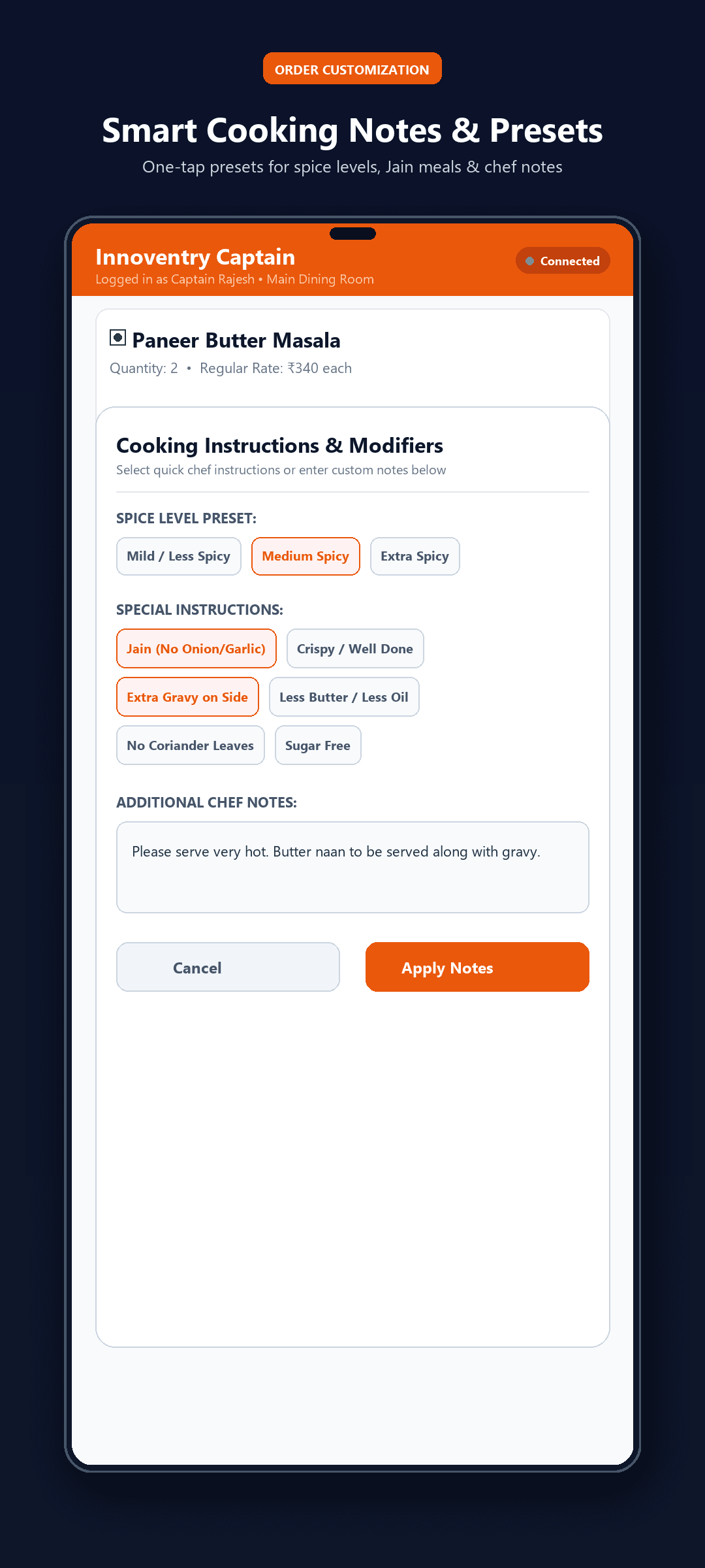 Cooking Notes & Modifiers Modal