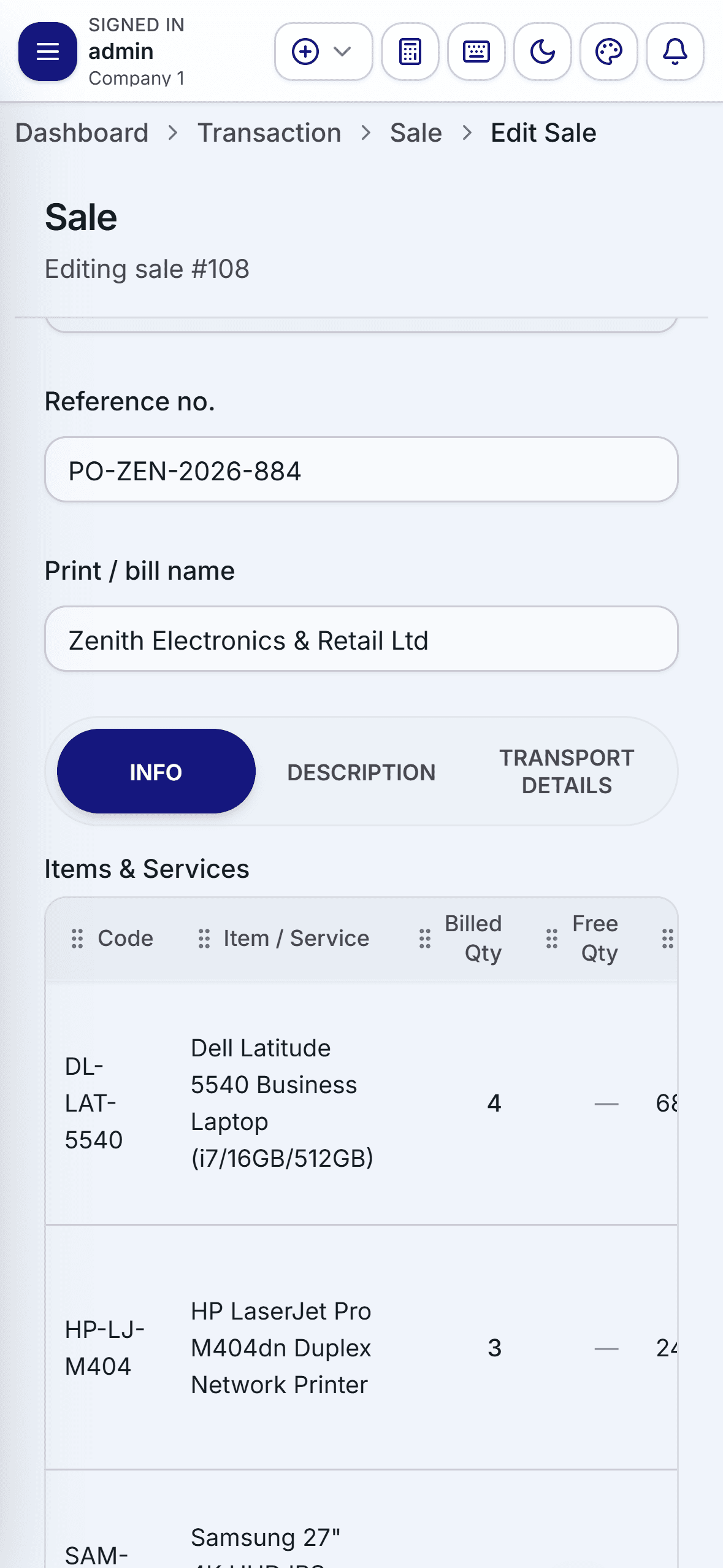 Mobile GST Billing Screen