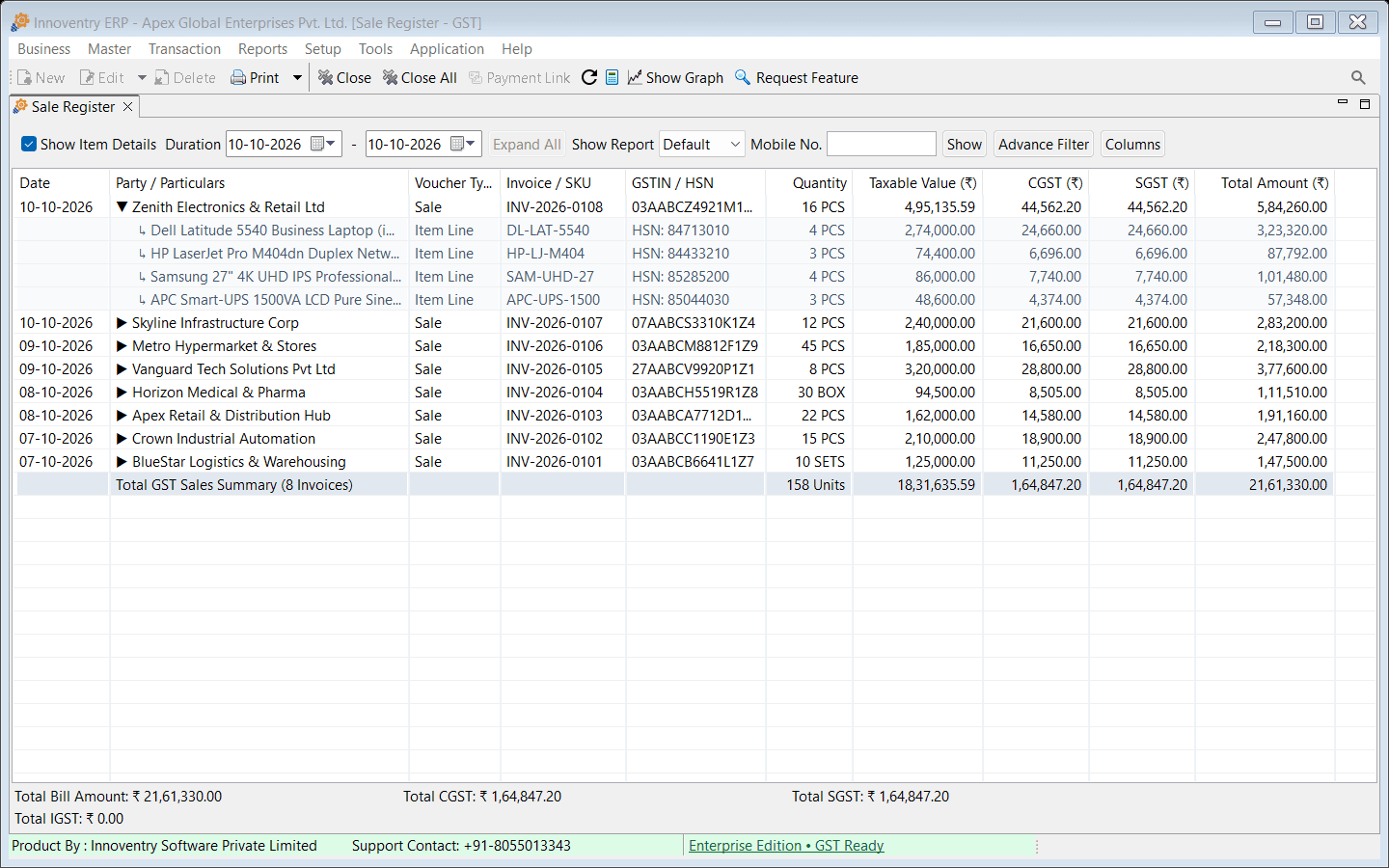 Innoventry itemized GST Sale Register with HSN breakdown, CGST/SGST columns, and 1-Click Tally XML export