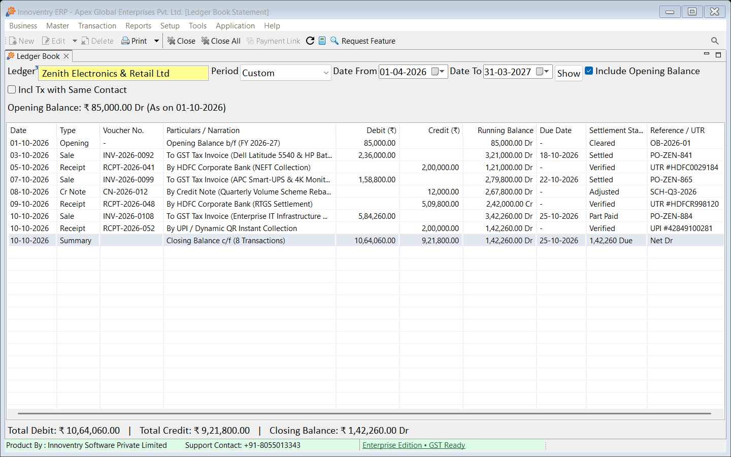 Innoventry party ledger statement showing double-entry debit/credit balances and UTR settlement references