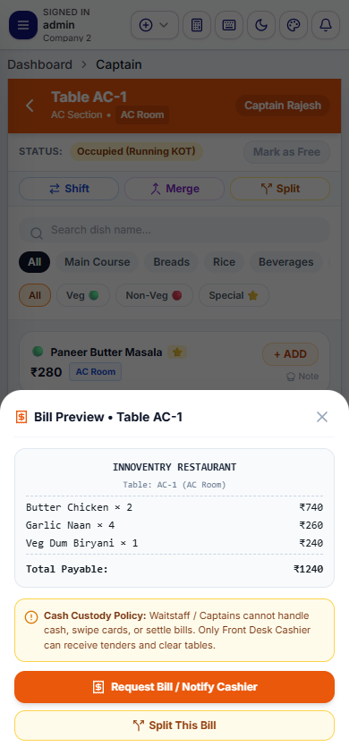 Captain App Cash Custody Notification Banner