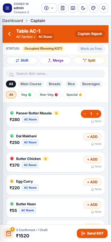 Captain Mobile App Order Taking Screen