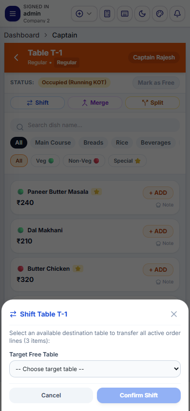 Captain App Table Shift Modal