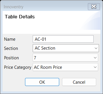 Table Property Configuration with Price Category